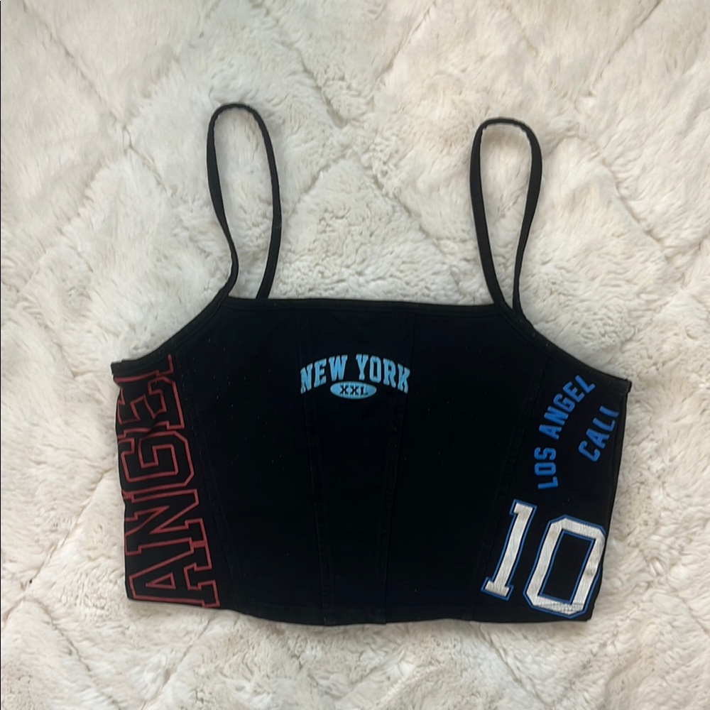 Black Crop Top with Red and Blue Graphics